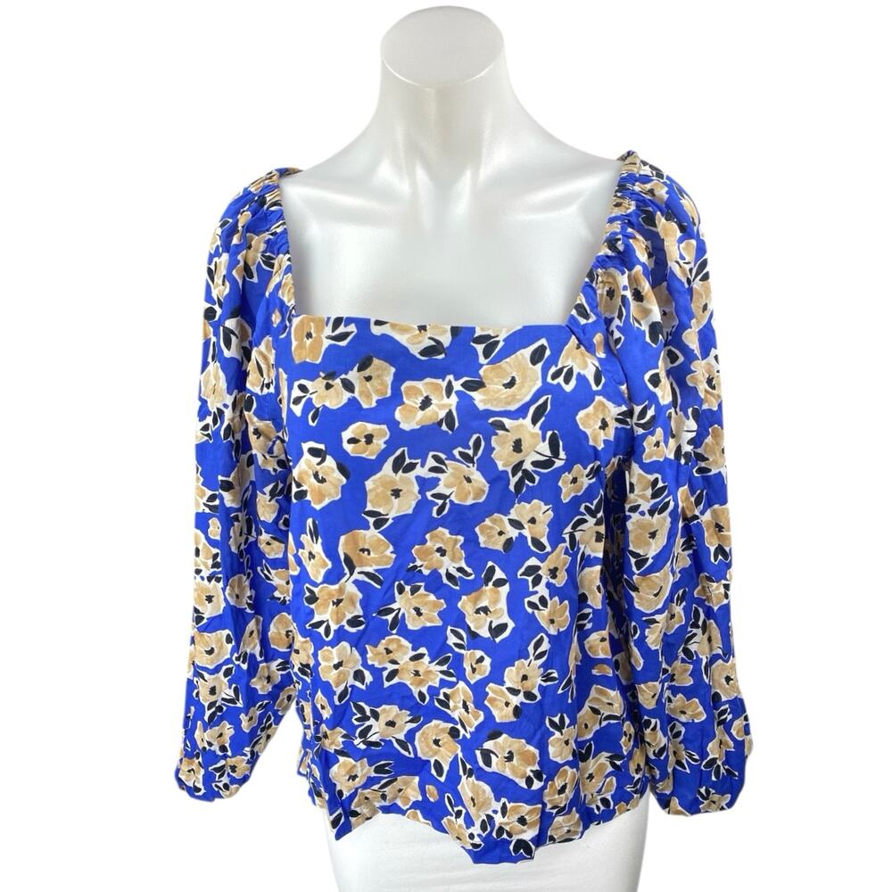Ann Taylor Women's Blue Floral Long Puff Sleeve Square Neck Blouse Top Size L